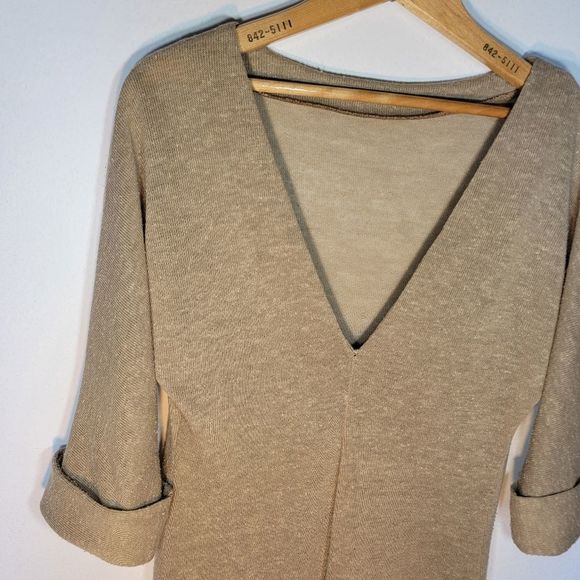 VINTAGE lightweight see-through tan knit dress V-neck - Picture 2 of 6